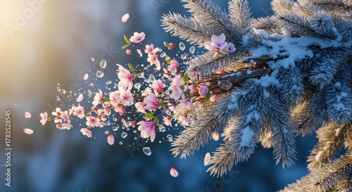 Winter's end Blossoms burst from snowy pine, sunlight