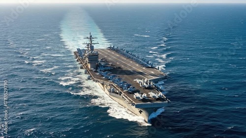 Powerful Aircraft Carrier Navigating cruise ship in the ocean.