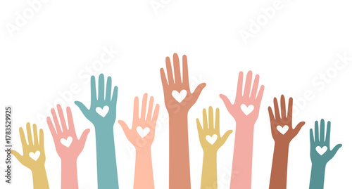 Hands holding hearts together, World Humanitarian Day banner. Volunteers, NGO crowd for charitable aid, help, charity, donation and support. Flat vector illustration isolated on white background