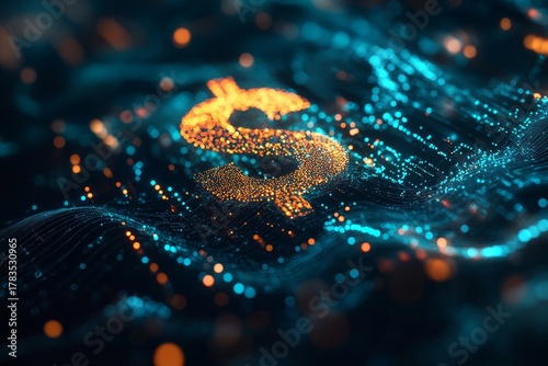 Abstract image of a dollar sign formed by glowing particles.
