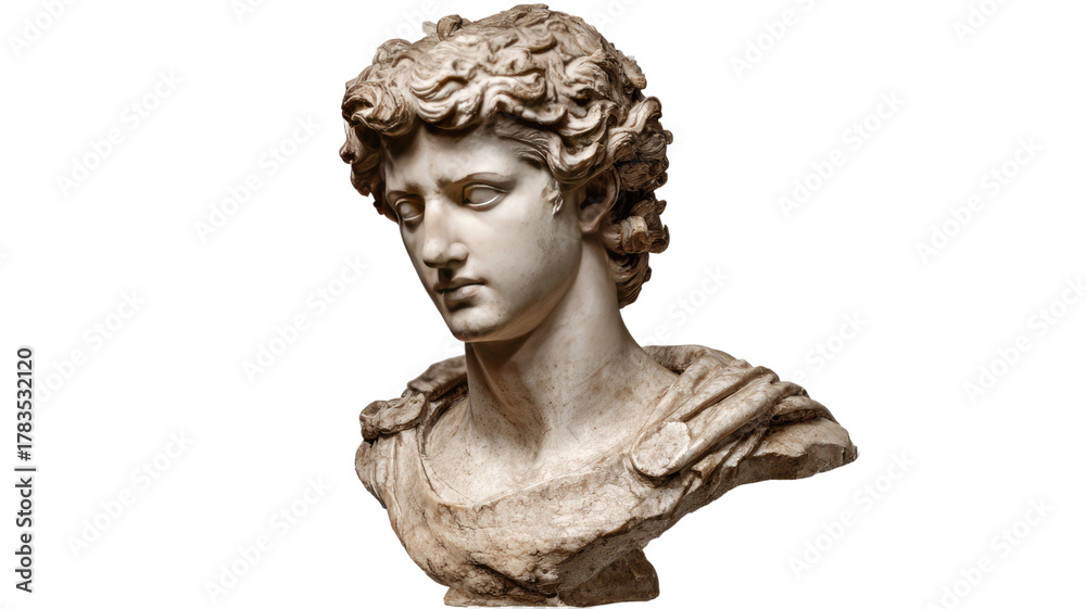 Fototapeta premium Title: Ancient Greek and Roman Marble Bust Sculpture Isolated on White Background