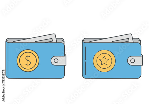 Two blue wallets open with coins and cash visible inside