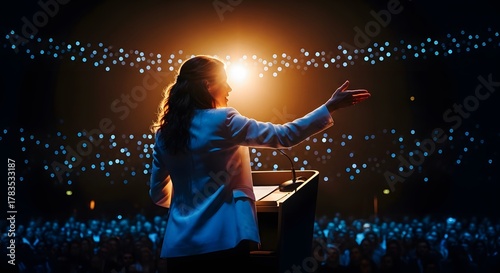 Dramatic Stage Speech by Woman, Low-Angle Podium Presentation, Female Speaker in Spotlight, Professional Public Address in Auditorium, Silhouetted Woman Giving Speech