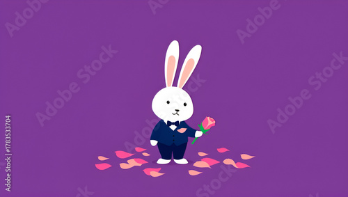 Charming white rabbit in a dapper suit holding a beautiful pink rose, surrounded by scattered petals on a purple background, a delightful and whimsical illustration, Generative AI