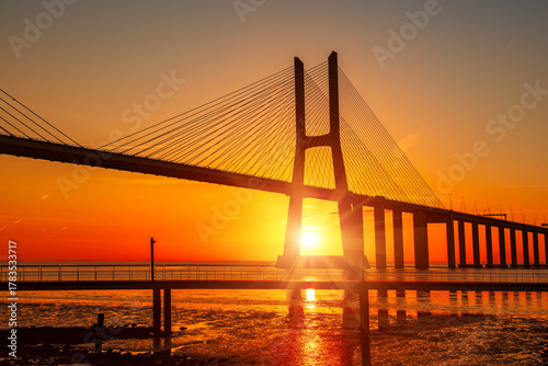 Vasco da Gamma road bridge in Portuguese capital Lisbon at sunrise.