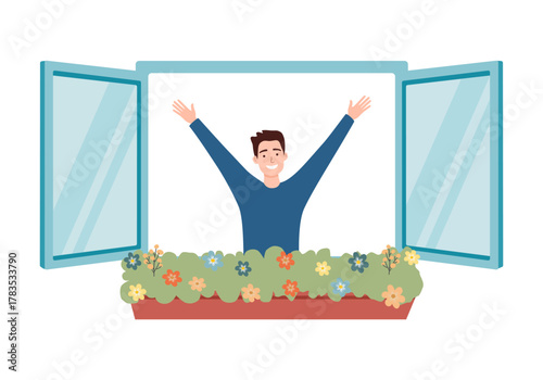 Man opening her room windows to breath fresh air in the morning.