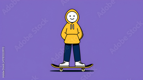 Simple flat vector illustration of a smiling character in a yellow hoodie standing on a skateboard. Concept of youth culture, street style, and urban recreation, Generative AI