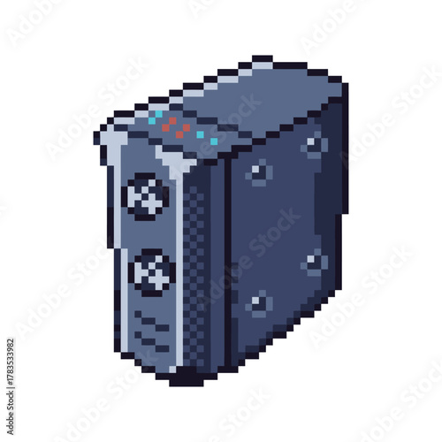 Pixel art illustration of a dark blue server tower with fans and lights.