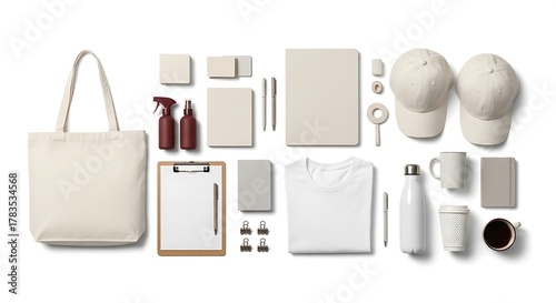 Flat lay of branding mockup with various promotional items.