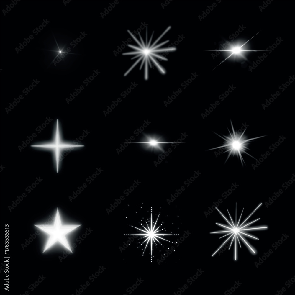 Fototapeta premium Set of 9 White Lens Flares and Starburst Graphic Elements - Editable Vector Overlay