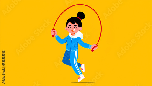 Energetic young girl joyfully jumping rope in athletic wear on a vibrant yellow background, illustrating fun fitness and active childhood, Generative AI
