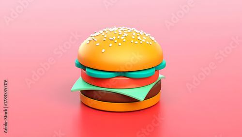 Minimalist 3D illustration of a delicious and colorful toy cheeseburger isolated on a vibrant pinkish-red backdrop, Generative AI
