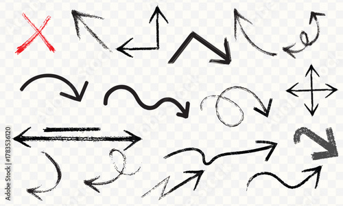 set of arrows.Hand-drawn sketch arrows and red cross mark collection.