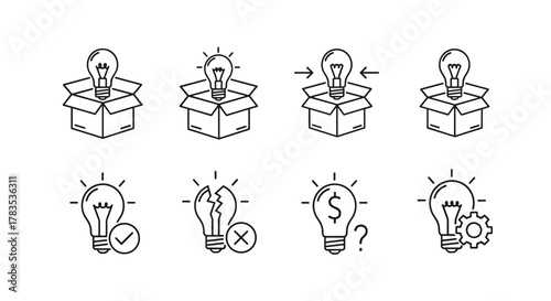 Set of thin line icons representing light bulbs in various scenarios: emerging from an open box, with arrows indicating direction, a checkmark for success, a broken bulb signifying failure, a dollar