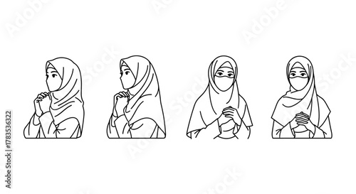 Set of four minimalist line art illustrations of Islamic women wearing hijabs and niqabs, depicted in profile and frontal views, with hands clasped in prayer or contemplation, symbolizing faith