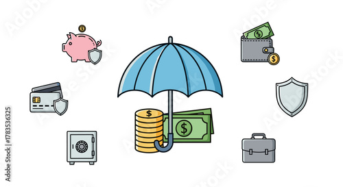 Vivid cartoon illustration of financial security and protection, featuring an umbrella shielding stacks of coins and banknotes, surrounded by icons of a piggy bank, credit card, safe, wallet