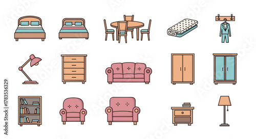 Vibrant Line Icon Set of Furniture, featuring a Bed, Dining Table with Chairs, Mattress, and Coat Hook, ideal for designing cards, posts, apps, and websites, presented as a clean vector graphic.