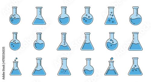 Collection of minimalistic linear web icons representing light blue lab flasks filled with liquid, featuring color outlines and clean design. These versatile pictograms are ideal for web and graphic