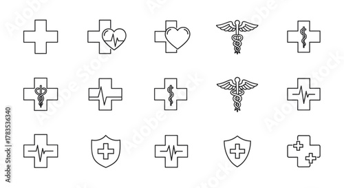 A collection of thin line medical cross icons, featuring various healthcare symbols like heartbeats, caduceus, shields, and hearts, presented as outline signs for graphic and web design, apps