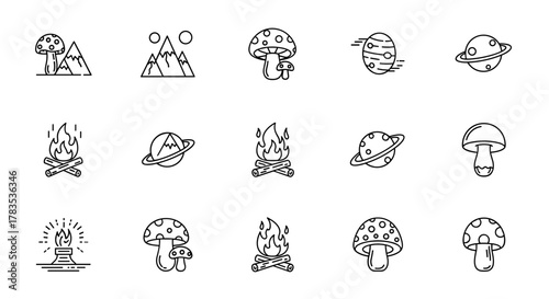 A collection of simple, hand-drawn linear illustrations featuring mushrooms, mountains, planets, and bonfires, perfect for interface elements, booklets, cards, social media posts, and infographics
