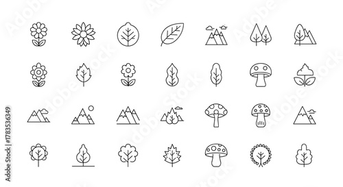 A curated collection of minimalistic linear illustrations depicting various elements of nature and parks, including delicate flowers, diverse leaves, majestic mountains, and whimsical mushrooms