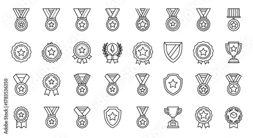 A diverse collection of thin line icons representing medals, awards, trophies, and badges, perfect for web, print, and app design. This editable stroke vector illustration features a white background