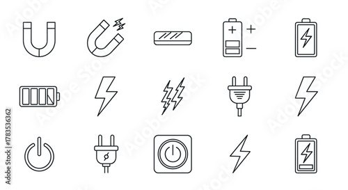 Collection of 15 essential technology and energy line icons, including horseshoe magnets, lightning bolts, batteries with charge indicators, power plugs, and power buttons, presented in a clean