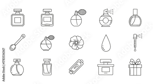 A collection of thin line icons representing various perfume bottles, atomizers, a flower, a droplet, a dropper, and a gift box, perfect for web design, branding, and print materials, offering a