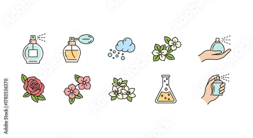 Collection of linear icons representing perfume and fragrance elements, including various perfume bottles, atomizers, floral scents like roses and jasmine, a cloud of scent, a hand holding a perfume