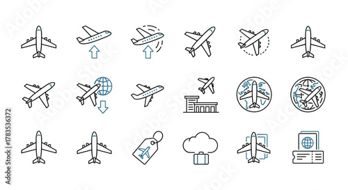 A comprehensive collection of airplane icons, featuring various flight and transport symbols, including commercial jets, airport terminals, and global travel illustrations, presented as clean