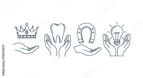 Set of outline icons representing charity, gifts, and concepts like royalty, dental care, luck, and innovation, with each icon cradled in open hands, perfect for graphic design, web elements, and