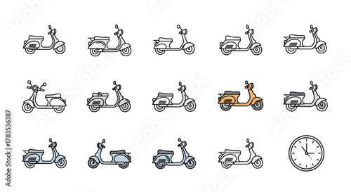 Collection of colorful scooter icons with a clock, isolated on a white background, perfect for web, books, cards, and apps, presented as a vector cartoon illustration with a clean, ordered set for