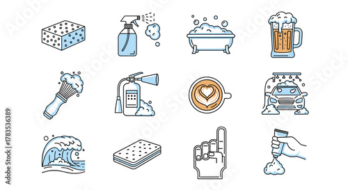 Set of foam related line icons, featuring a sponge, spray bottle, bathtub with bubbles, beer mug, shaving brush, fire extinguisher, latte art, car wash, wave, mattress, foam finger, and hand