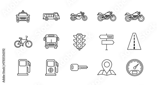 Collection of clean, minimalist line art icons representing various modes of road transport and related elements, including cars, trucks, motorcycles, bicycles, buses, traffic lights, road signs, gas