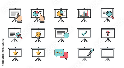 Collection of vivid, flat design line icons representing presentation boards with various business and analytical elements, perfect for infographics, articles, books, flyers, and banners, all
