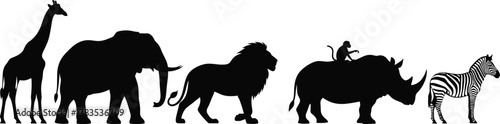African wildlife animal silhouettes including giraffe, elephant, lion, rhino, monkey, zebra in savanna nature vector illustration for stock