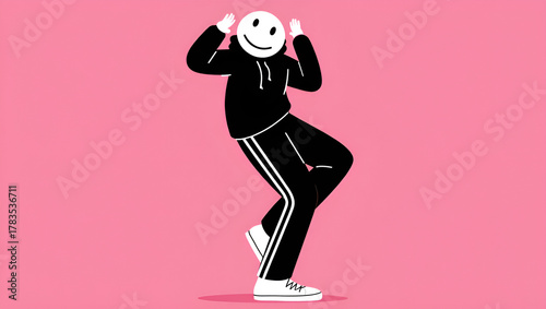 Dynamic flat vector illustration of a dancing character in a hoodie with a happy emoji mask, symbolizing joy and anonymous expression, Generative AI