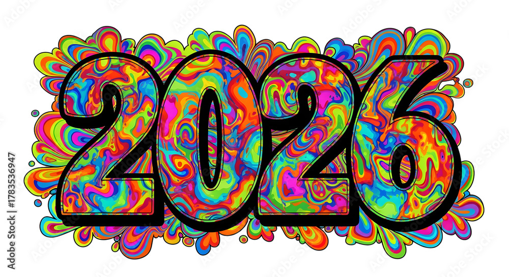 Fototapeta premium Colorful abstract 2026 numbers with psychedelic pattern isolated on transparent background