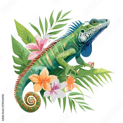Iguana on a Palm Branch with Tropical Flowers. in realistic botanical watercolor style, educational poster
