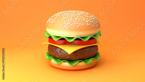 Delicious Cartoon Burger A Mouthwatering Illustration on a Vibrant Orange Background, Generative AI