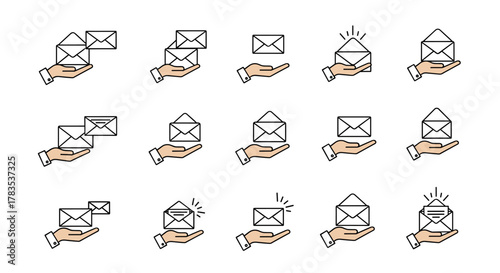 Collection of stylized vector illustrations depicting hands holding envelopes, symbolizing communication, mail delivery, and digital messaging. The set includes various envelope states, from closed