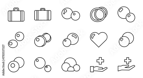 Collection of diverse line icons representing travel, health, and abstract concepts, including suitcases, circles, a heart, and hands holding crosses, perfect for graphic design, web applications