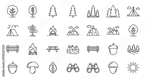 Collection of thin line icons representing forest, trees, and parks, perfect for websites, books, cards, and apps. This editable stroke vector cartoon illustration features elements like tents