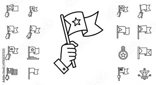 Collection of linear flag icons held by a hand, symbolizing victory, achievement, and communication, perfect for graphic design, web, and print projects, presented on a clean white background with a