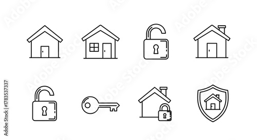 Collection of linear outline icons representing home security and access, featuring houses, open and closed locks, and a key, set against a clean white background, ideal for graphic design, web