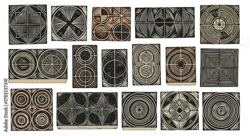 Collection of geometric linocut stamps with a vintage grunge ink texture effect, featuring abstract patterns, circles, squares, and radial designs, evoking a retro aesthetic for graphic resources.