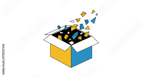 Abstract 3D isometric illustration of an open cardboard box with yellow and blue sides, spilling out numerous geometric shapes like triangles and rhombuses in blue and yellow, symbolizing creativity