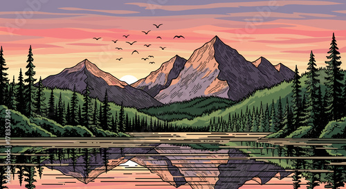 Serene hand-drawn mountain range at sunset, reflected in a calm lake, with silhouetted pine trees and a flock of birds soaring across the vibrant, colorful sky, evoking a sense of peace and natural