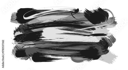 Dynamic and expressive abstract brush stroke texture in monochrome grayscale, featuring bold black and subtle gray paint marks on a clean white background, perfect for graphic design and artistic