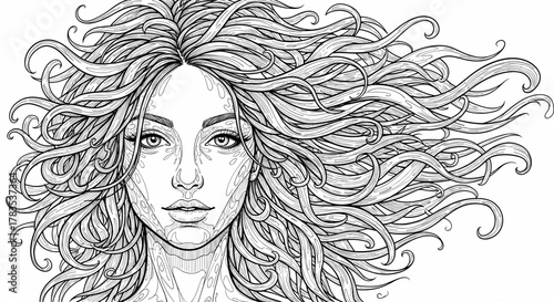 Intricate black and white line art illustration of a beautiful woman's face, featuring detailed facial features and voluminous, flowing, wavy hair that creates a dynamic and artistic composition